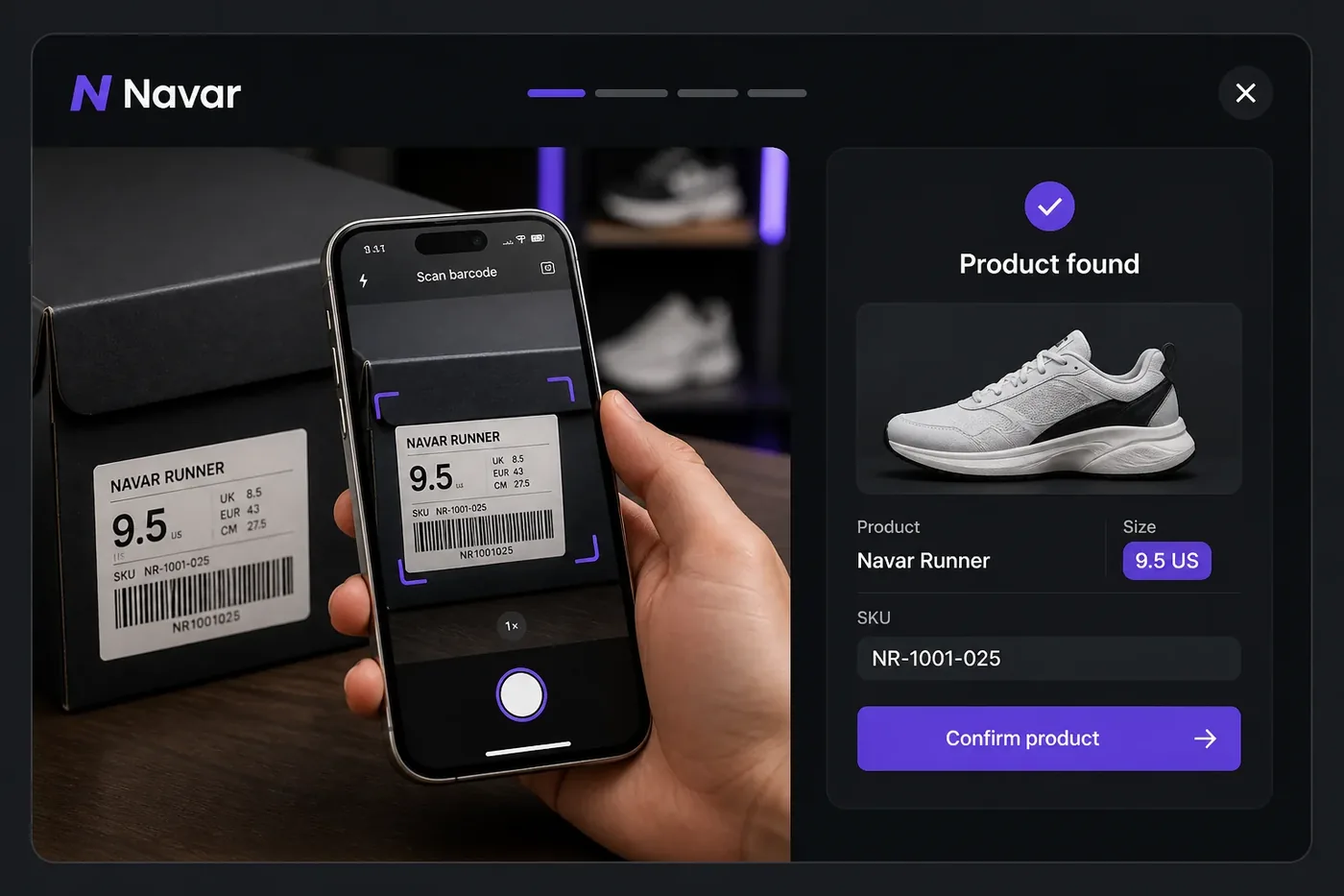A phone scanning a shoebox barcode in Navar and matching it to the product with its market price