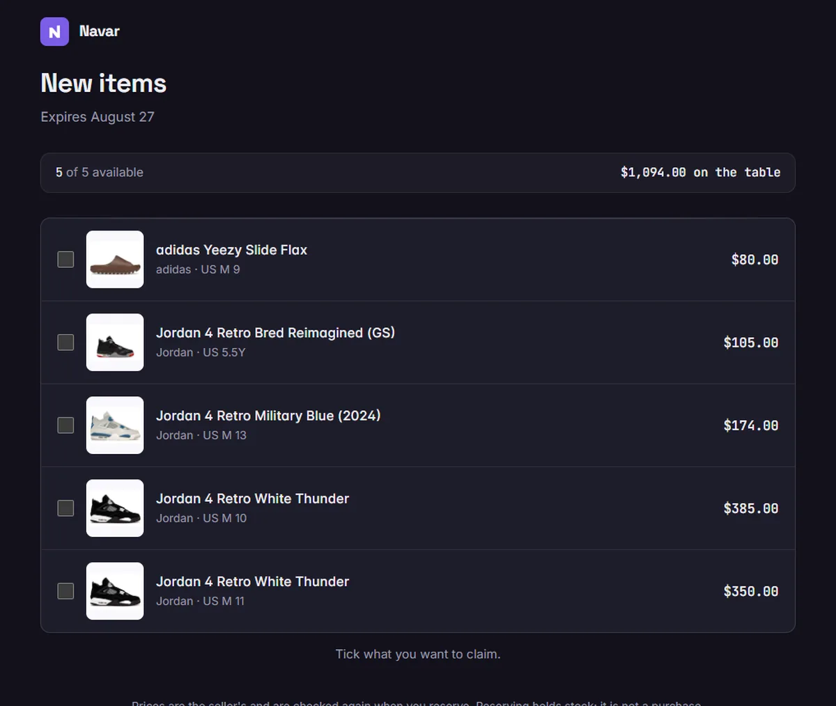 A shared Navar stock list as a buyer sees it: five priced units with photos, each with a tick box to claim it